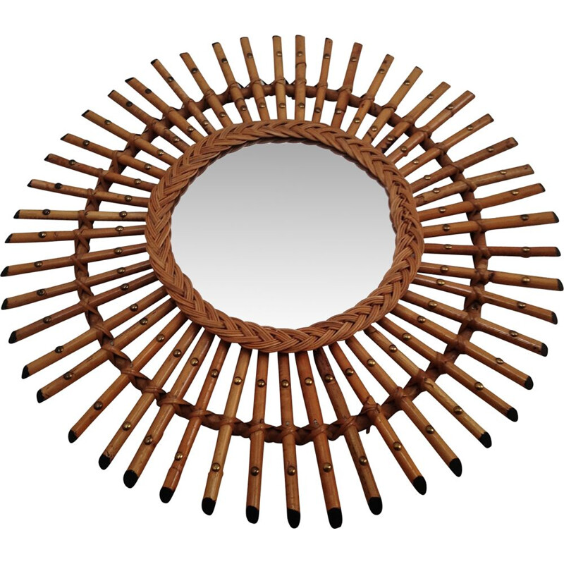 Vintage Sun mirror in rattan and bamboo