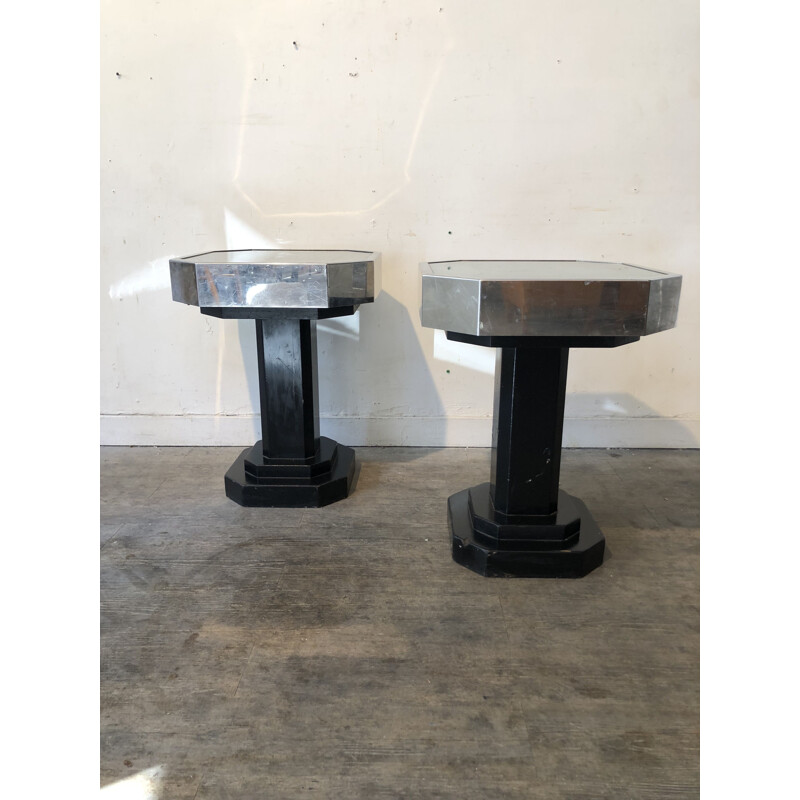 Pair of vintage pedestal tables in glass metal black wood 1930s