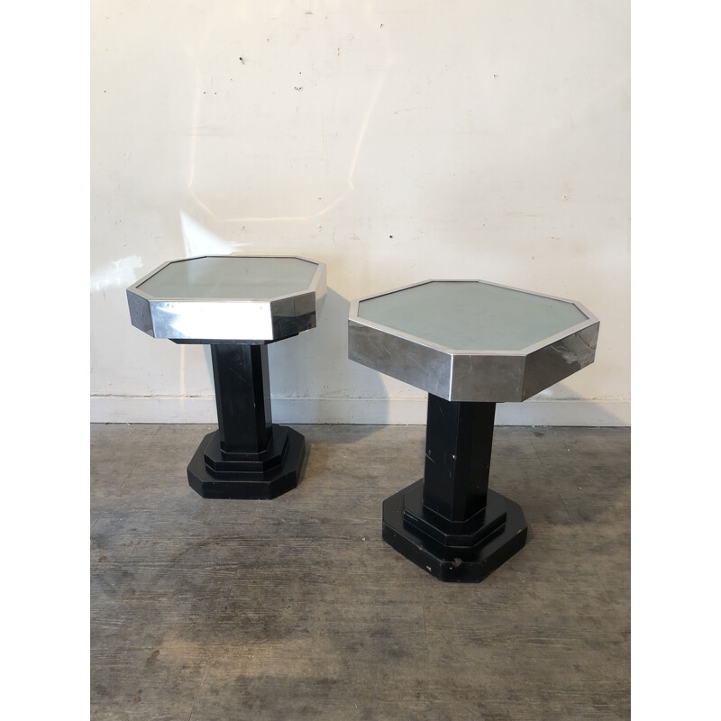 Pair of vintage pedestal tables in glass metal black wood 1930s