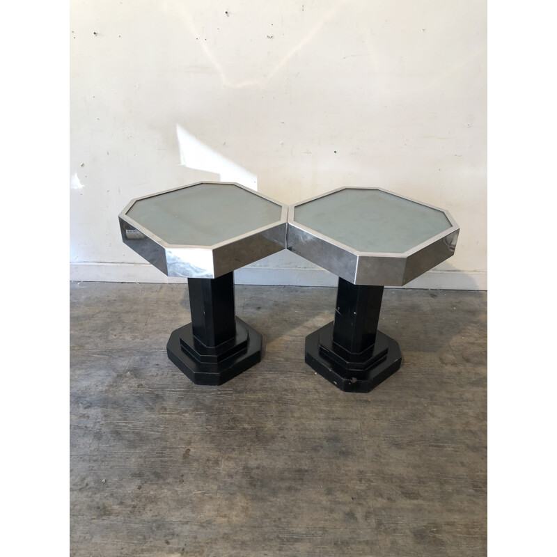 Pair of vintage pedestal tables in glass metal black wood 1930s