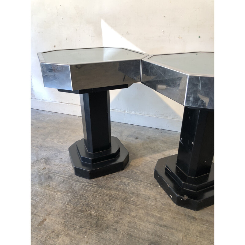 Pair of vintage pedestal tables in glass metal black wood 1930s