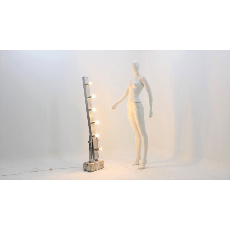 Vintage floor lamp in aluminum and travertine marble Italy 1960s