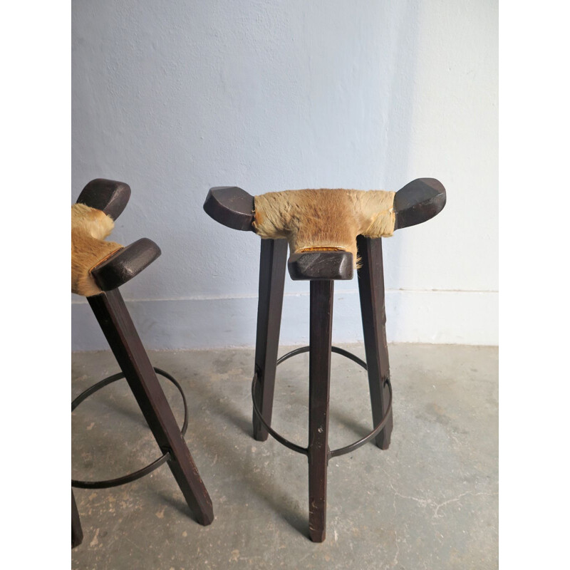 Set of 2 vintage stools in cow leather 