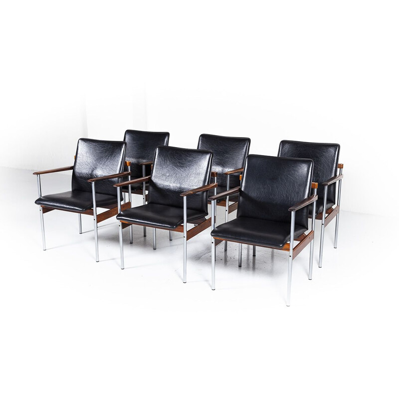 Ensemble de 6 chaises vintage pour Fristo en palissandre et acier noir 1960