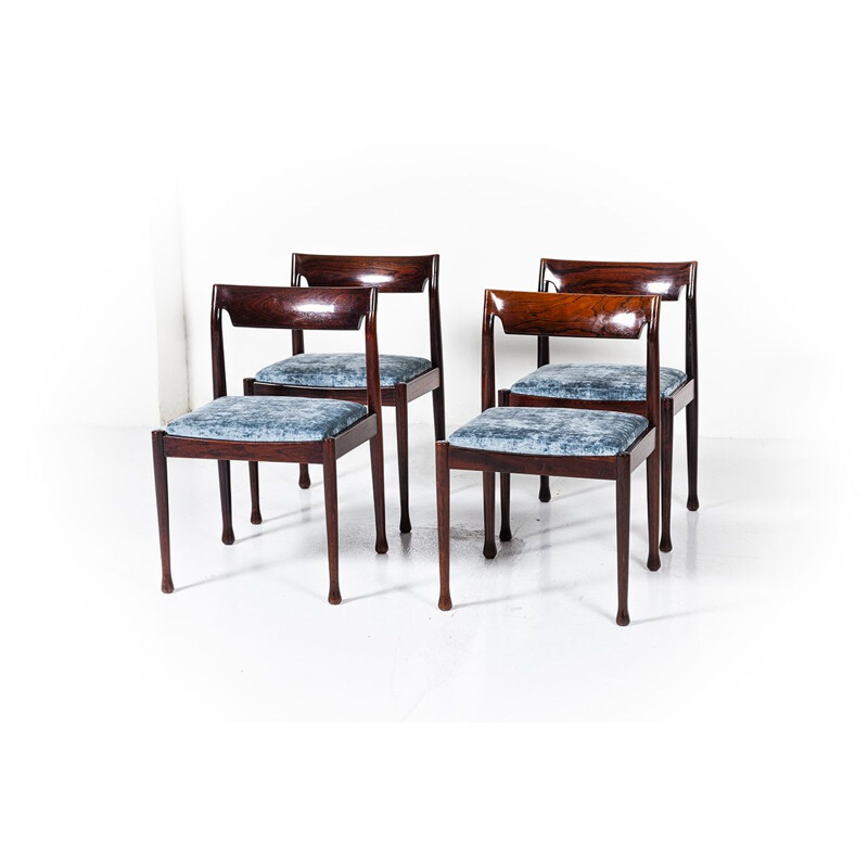 Ensemble de 4 chaises vintage danoises en palissandre et tissu bleu 1960