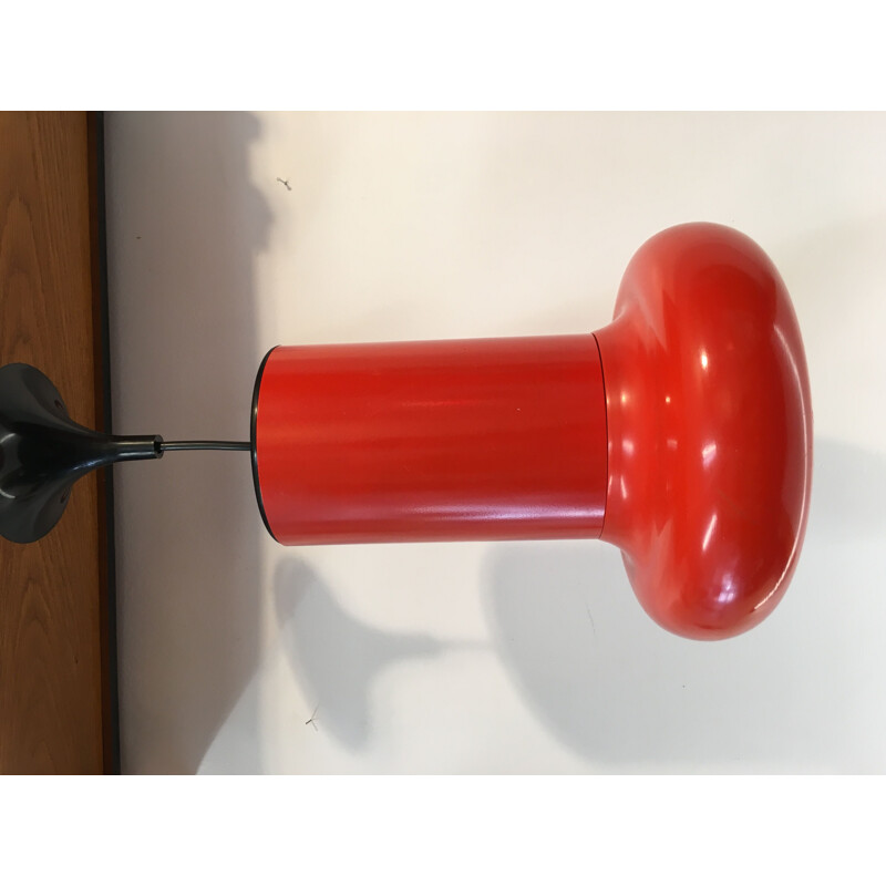 French vintage hanging lamp in red steel and plastic 1970