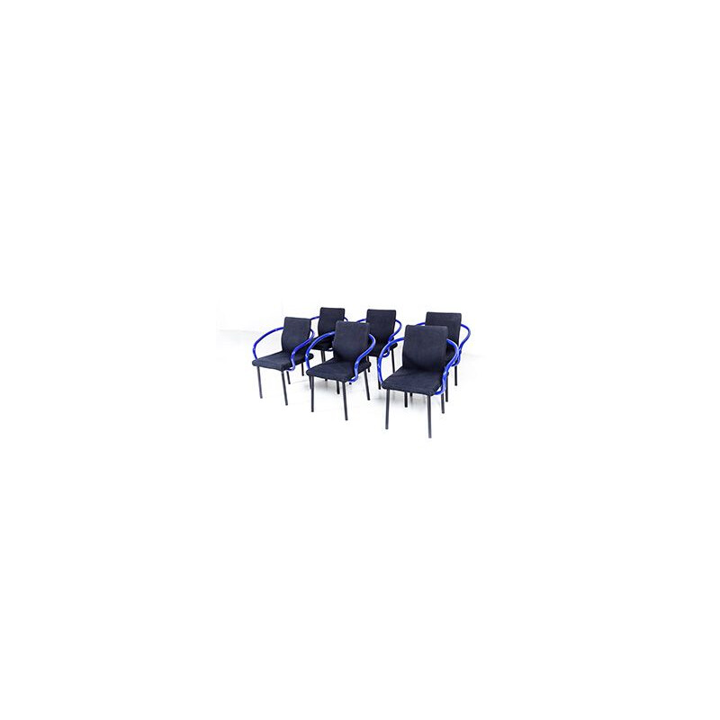 Ensemble de 6 chaises vintage Mandarin pour Knoll en laine noire et métal bleu 1980