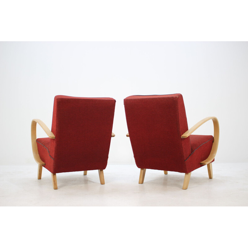 Set of 2 vintage armchairs by Jindřich Halabala in oak and red fabric 1950