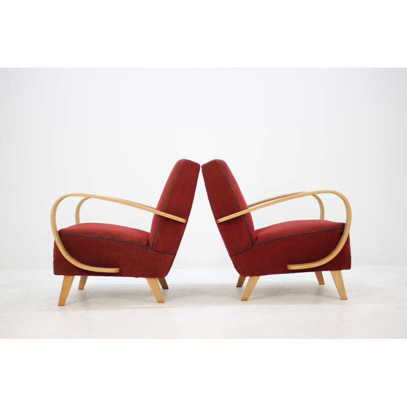 Set of 2 vintage armchairs by Jindřich Halabala in oak and red fabric 1950