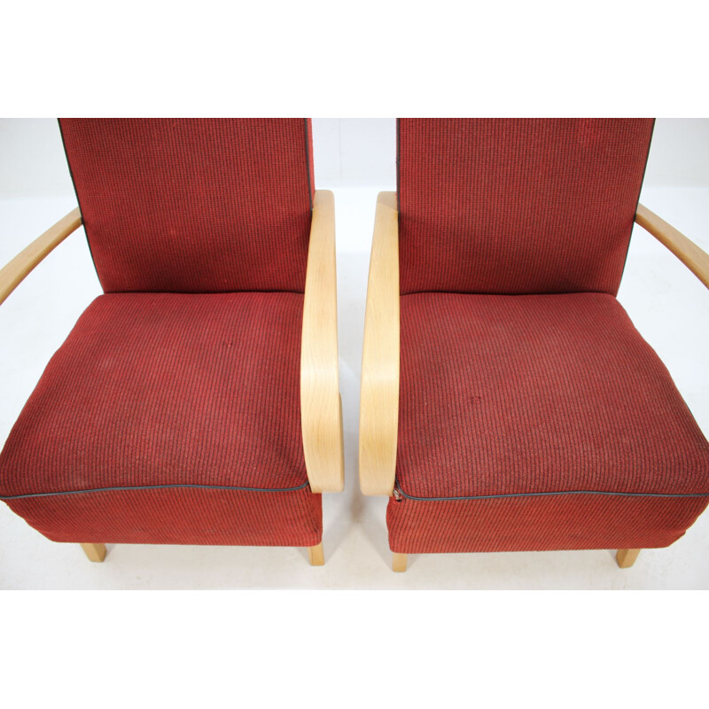 Set of 2 vintage armchairs by Jindřich Halabala in oak and red fabric 1950