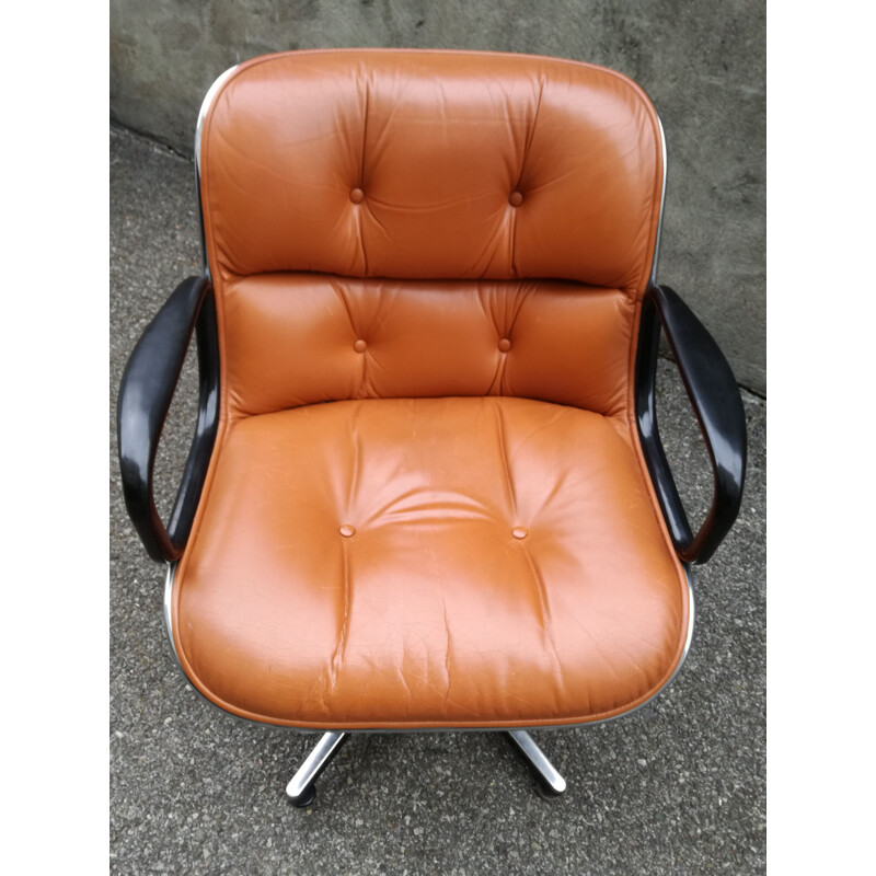 Vintage armchair by Charles Pollock in brown leather and metal 1970