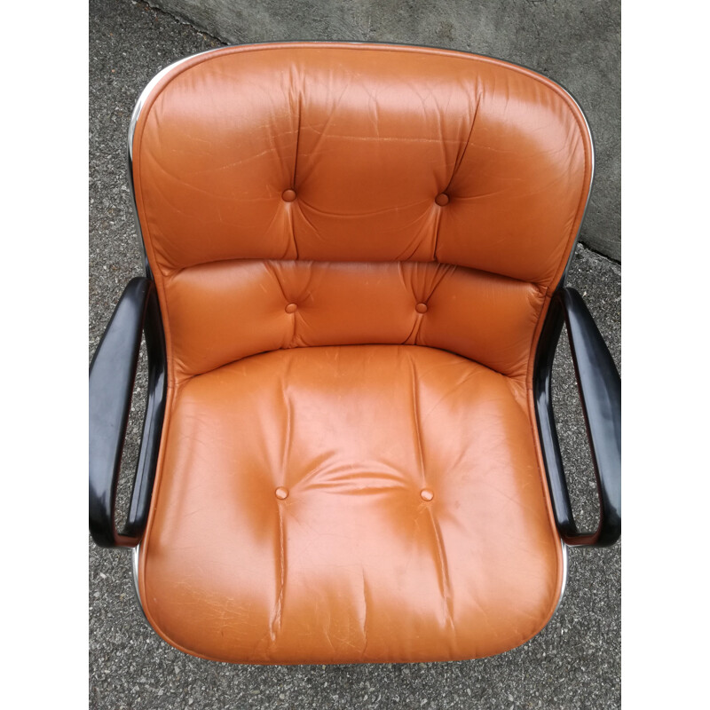 Vintage armchair by Charles Pollock in brown leather and metal 1970