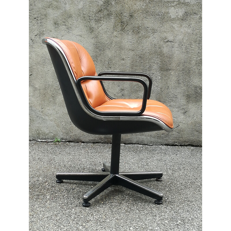 Vintage armchair by Charles Pollock in brown leather and metal 1970