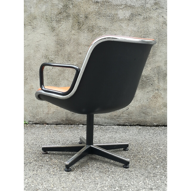 Vintage armchair by Charles Pollock in brown leather and metal 1970