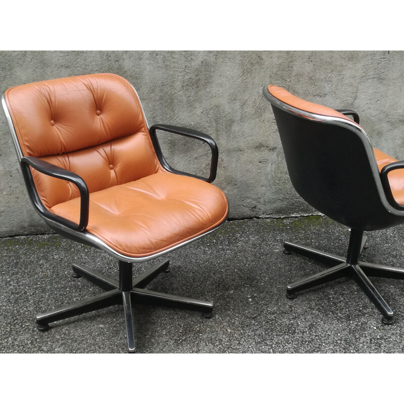 Vintage armchair by Charles Pollock in brown leather and metal 1970
