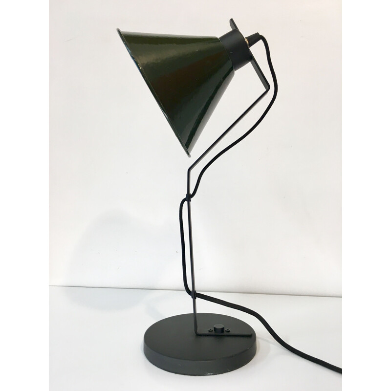 French vintage lamp in green steel and enamel