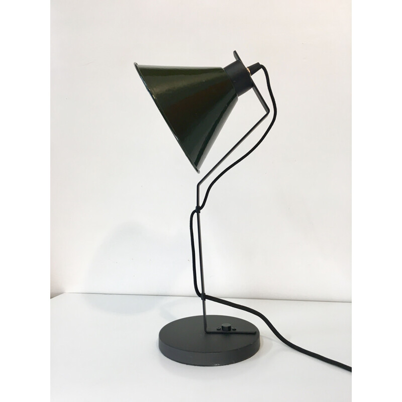 French vintage lamp in green steel and enamel