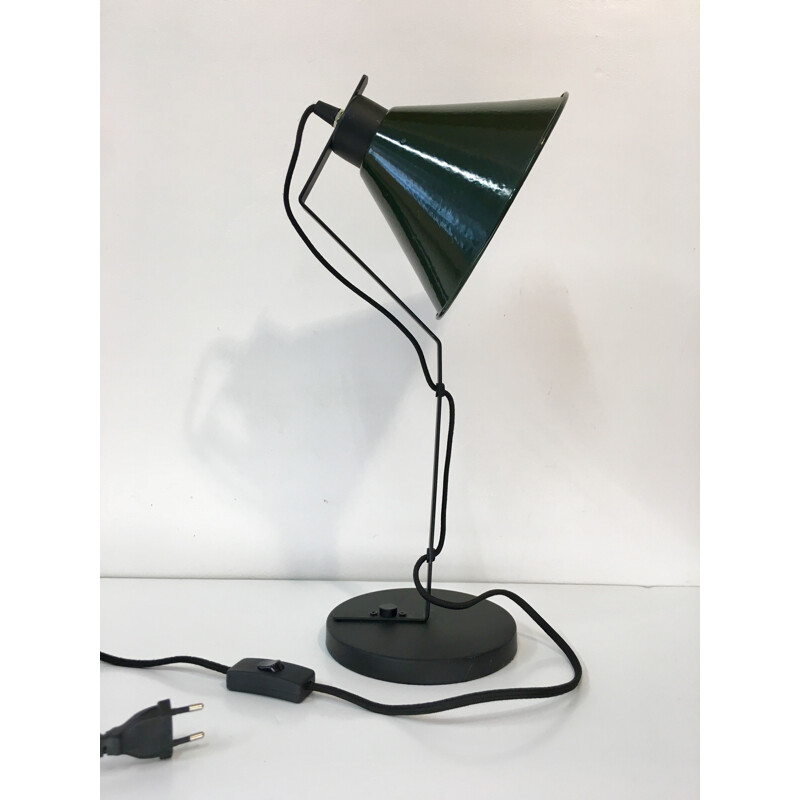 French vintage lamp in green steel and enamel