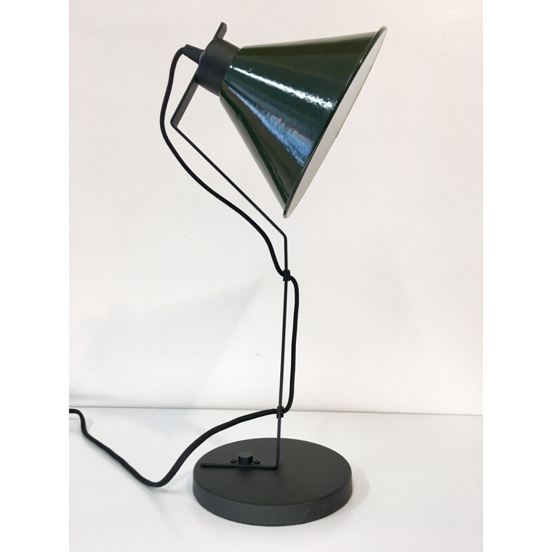 French vintage lamp in green steel and enamel
