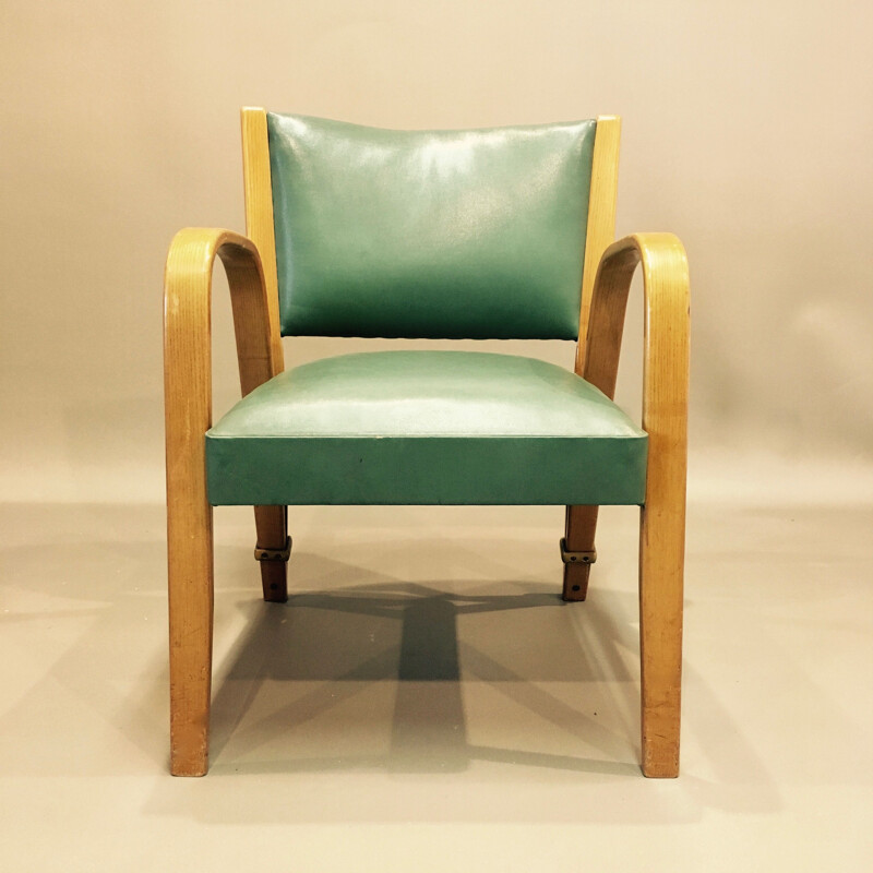 Suite de 4 chaises vintage Bow Wood de Steiner en hêtre et simili cuir vert de 1950