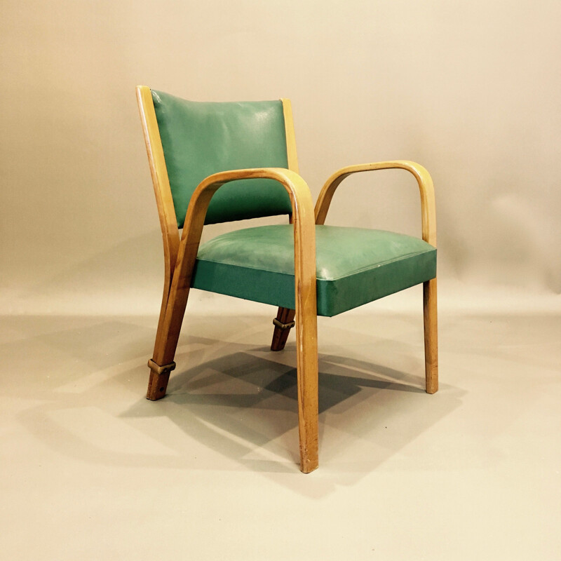 Set of 4 vintage chairs Bow Wood of Steiner in beechwood and green leatherette of 1950