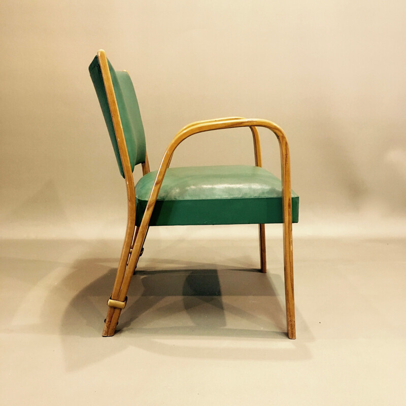 Suite de 4 chaises vintage Bow Wood de Steiner en hêtre et simili cuir vert de 1950