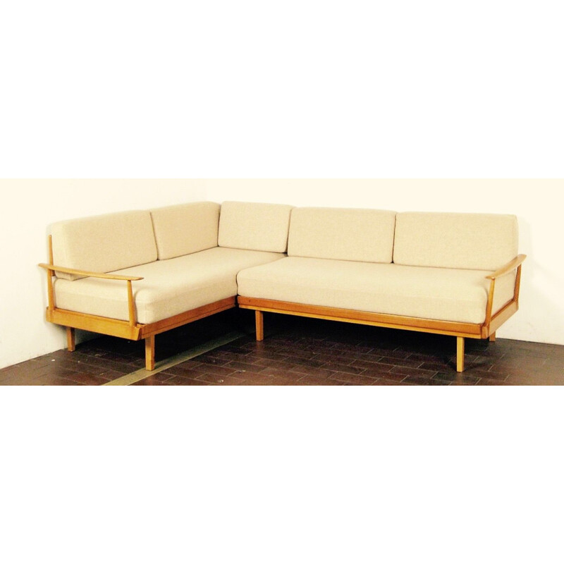 Vintage 5-seat scandinavian sofa in beige wool and beechwood 1950