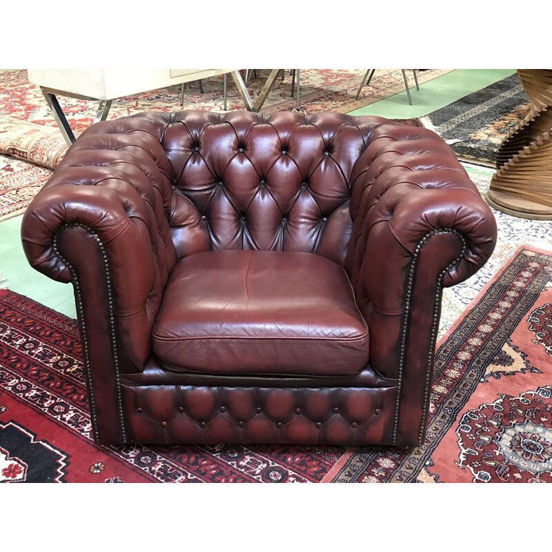 Fauteuil vintage Chesterfield en cuir rouge 1970