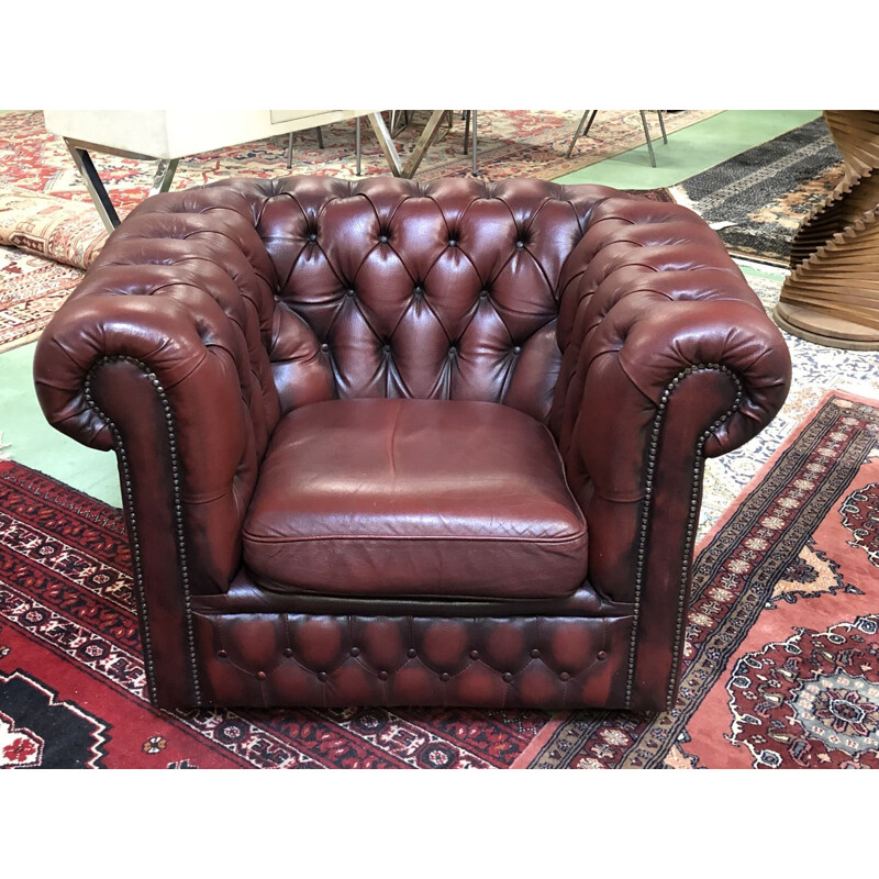 Vintage Chesterfield red leather armchair 1970