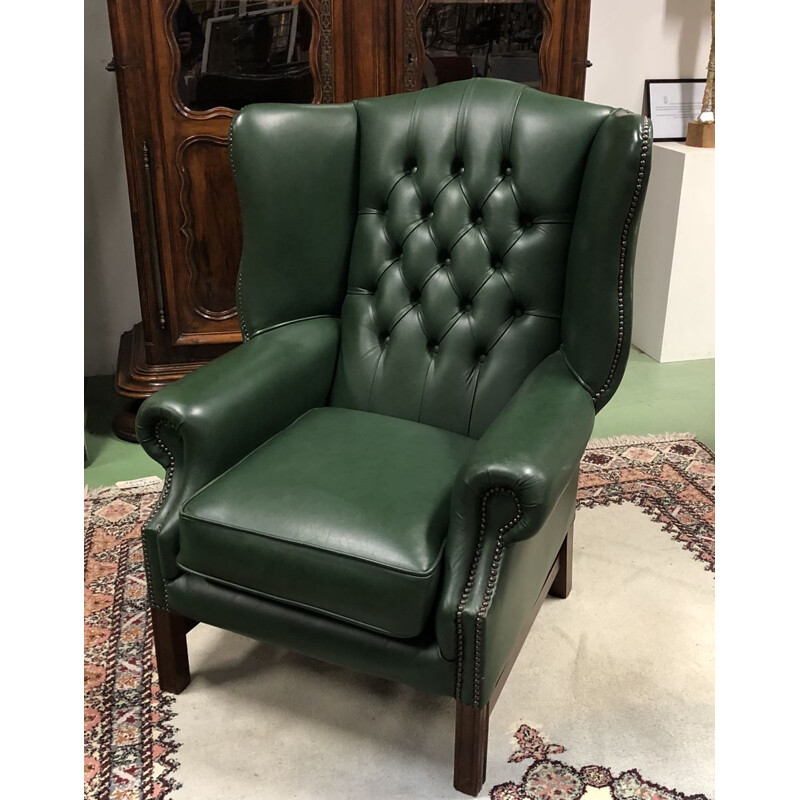 Vintage Chesterfield armchair in green leather 1970