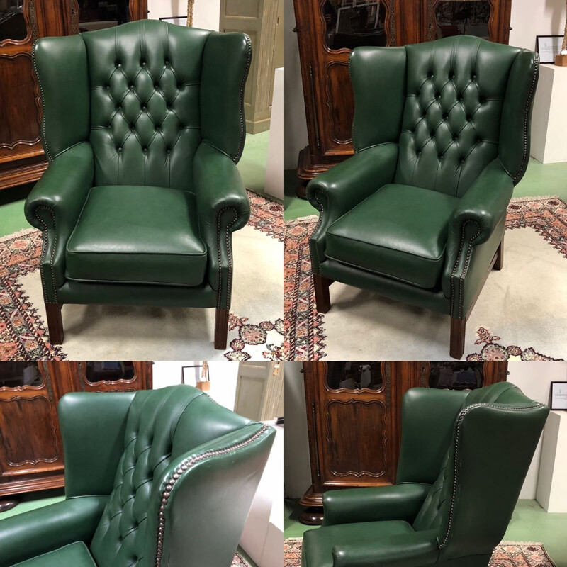 Vintage Chesterfield armchair in green leather 1970
