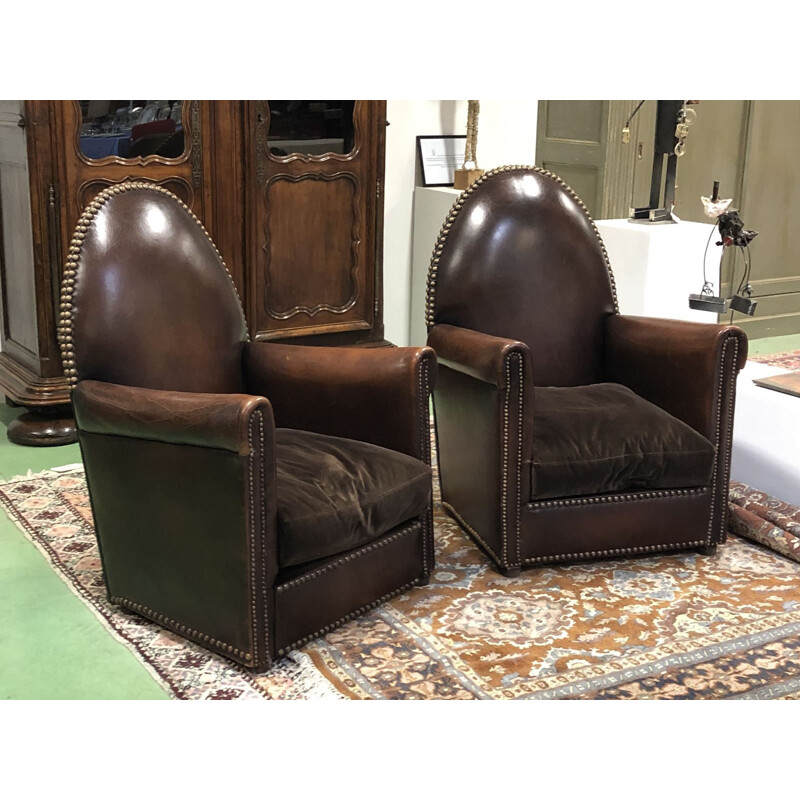 Paire de fauteuils vintage français en cuir marron 1950