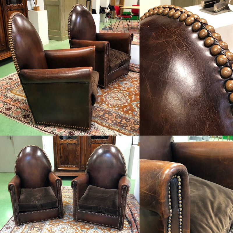 Paire de fauteuils vintage français en cuir marron 1950