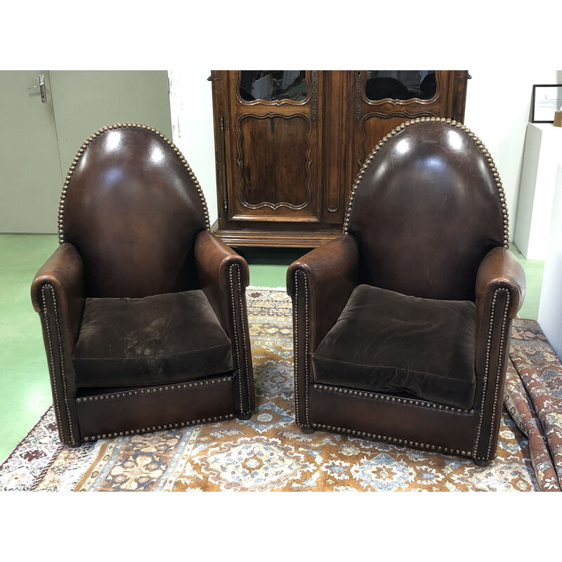 Paire de fauteuils vintage français en cuir marron 1950