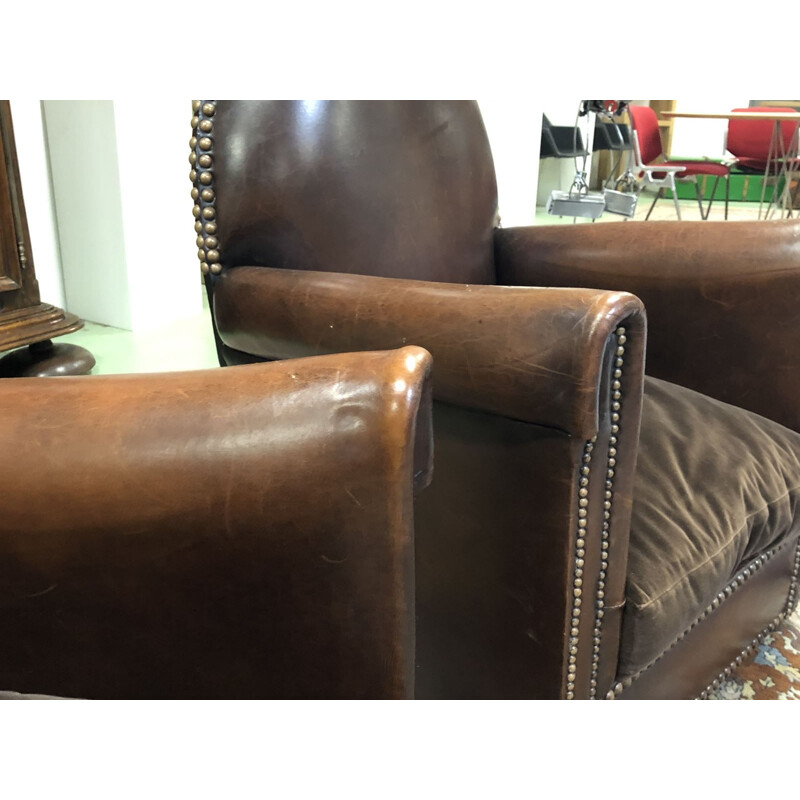 Paire de fauteuils vintage français en cuir marron 1950