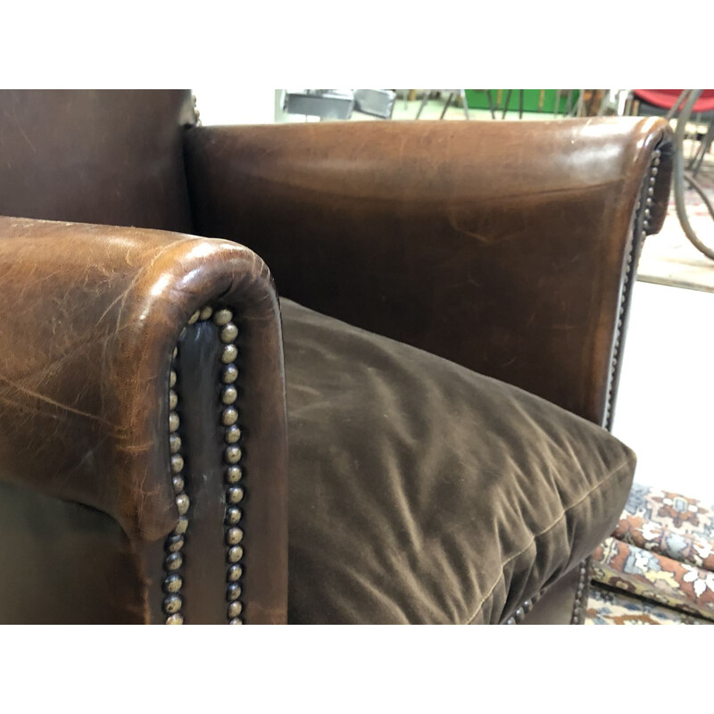 Pair of vintage french armchairs in brown leather 1950