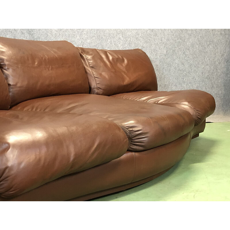 Canapé vintage en cuir marron et bois 1970