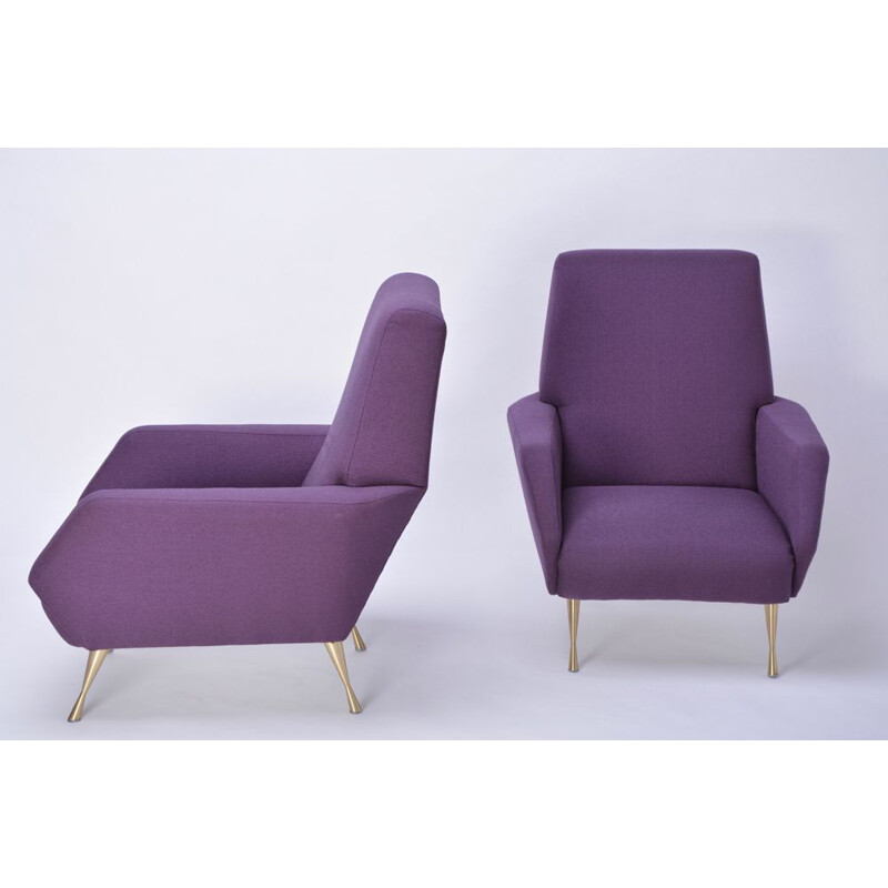 Pair of vintage italian armchairs in purple fabric and brass 1950