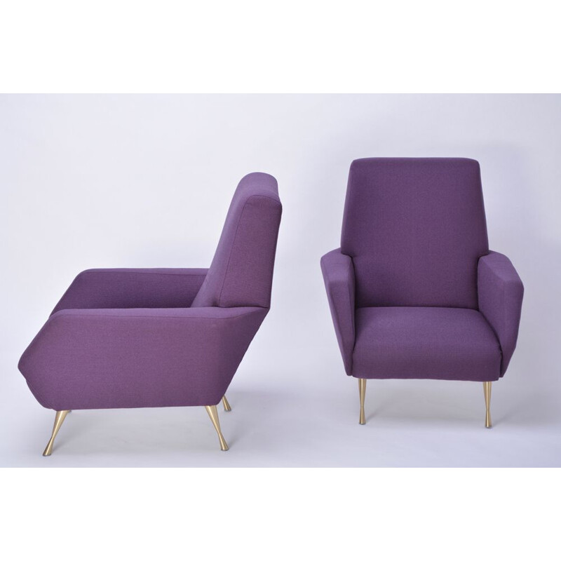 Paire de fauteuils vintage italiens en tissu violet et laiton 1950
