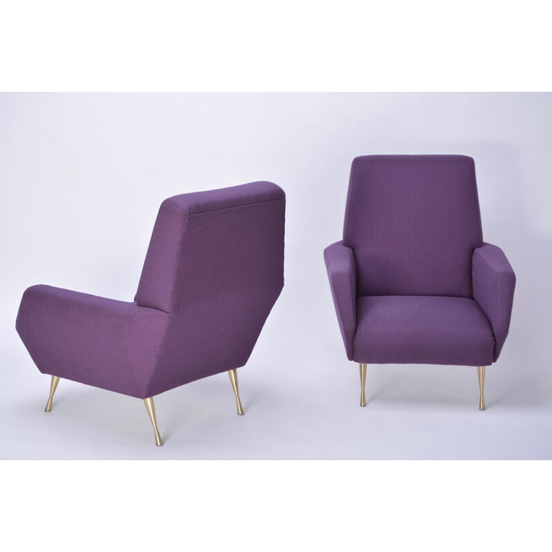 Pair of vintage italian armchairs in purple fabric and brass 1950