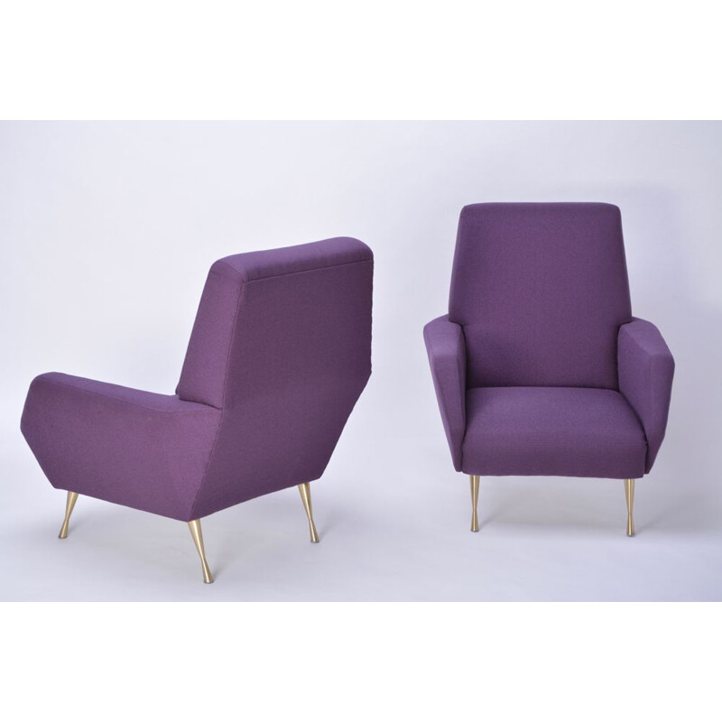 Paire de fauteuils vintage italiens en tissu violet et laiton 1950
