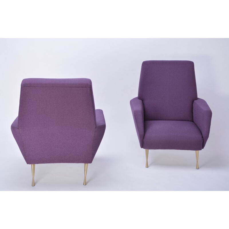 Pair of vintage italian armchairs in purple fabric and brass 1950