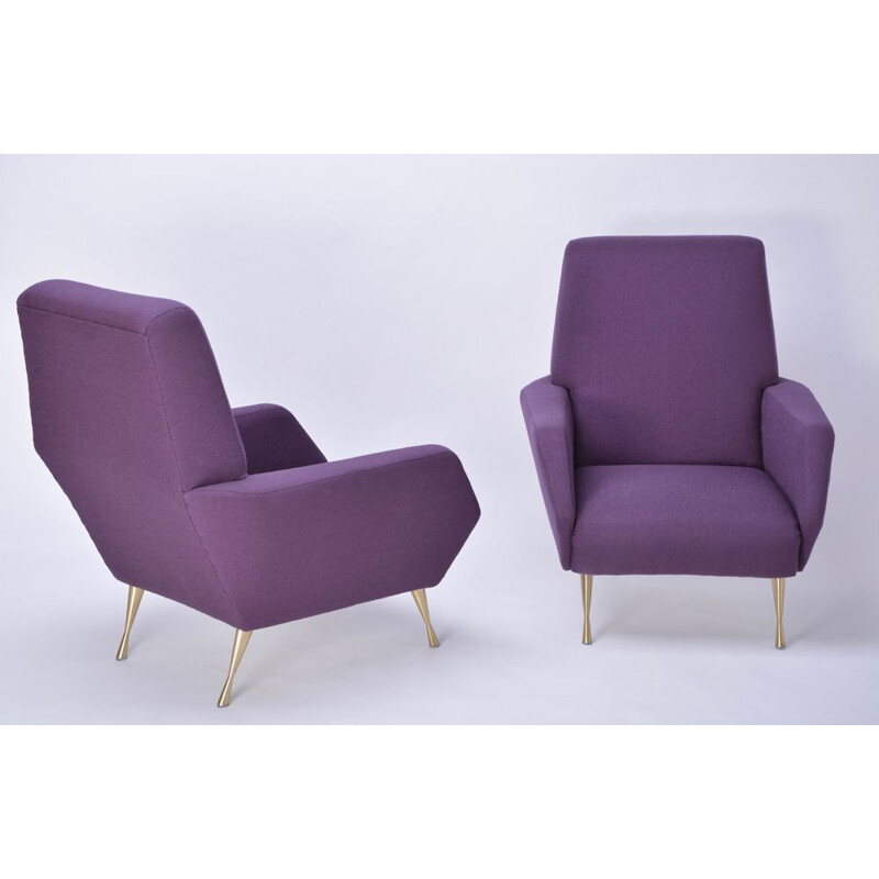 Pair of vintage italian armchairs in purple fabric and brass 1950