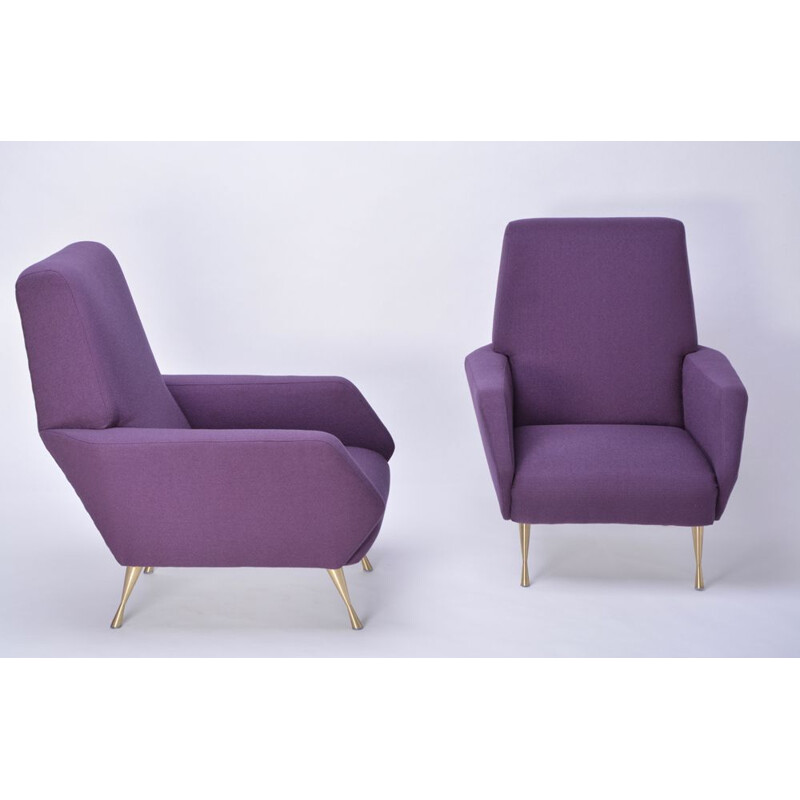 Pair of vintage italian armchairs in purple fabric and brass 1950