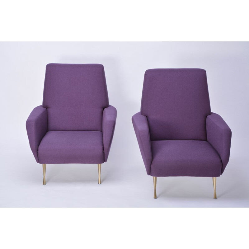 Pair of vintage italian armchairs in purple fabric and brass 1950