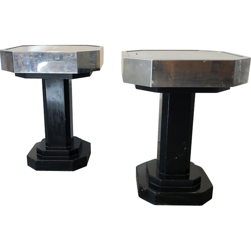 Pair of vintage pedestal tables in glass metal black wood 1930s