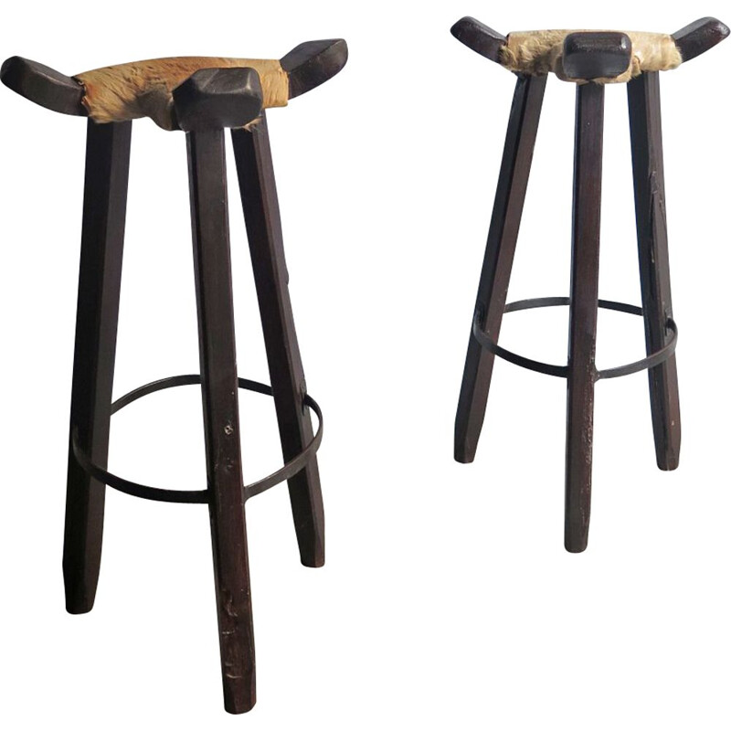 Set of 2 vintage stools in cow leather 