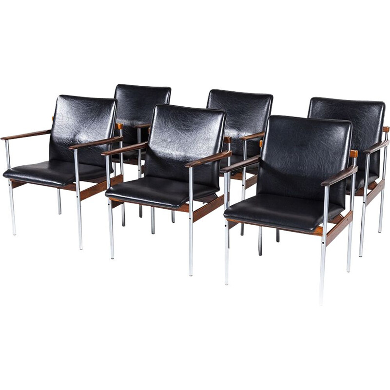 Set of 6 vintage chairs for Fristo in rosewood and black steel 1960