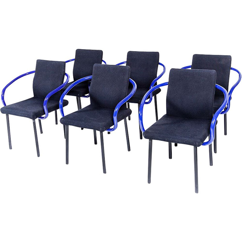 Set of 6 vintage Mandarin chairs for Knoll in black wool and blue metal 1980