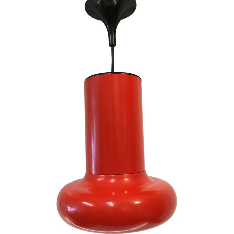 French vintage hanging lamp in red steel and plastic 1970